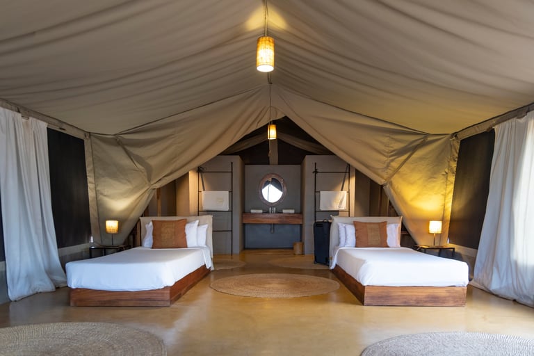 Interior of a luxury tent lodge during safari in Tarangire National Park in Tanzania East Africa